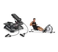 Sunny Health & Fitness 2-in-1 Premium Power Stepper with Resistance Bands + Magnetic Rowing Machine, with LCD Monitor and Extra Long Slide Rail, 8 Level Resistance
