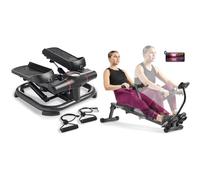 Sunny Health & Fitness 2-in-1 Premium Power Stepper with Resistance Bands + Smart Compact Adjustable Rowing Machine, 12 Levels Adjustable Resistance