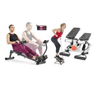 Sunny Health & Fitness Advanced Mini Home Steppers with Resistance Bands - SF-S0978 + Smart Compact Adjustable Rowing Machine, 12 Levels Adjustable Resistance