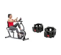 Sunny Health & Fitness Exercise Bikes, Magnetic Recumbent Bike + Locking Collar Clamps with Quick Release for Olympic Barbells for Pro Training