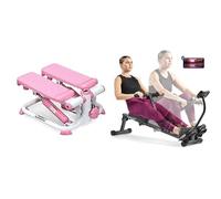 Sunny Health & Fitness Exercise Stepping Machine, Portable Mini Stair Stepper for Home or Office Workouts + Smart Compact Adjustable Rowing Machine, 12 Levels Adjustable Resistance