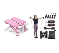 Sunny Health & Fitness Exercise Stepping Machine, Portable Mini Stair Stepper for Home or Office Workouts + Premium Resistance Band Set With Door Anchors, Wrist Straps, Handles & Stretch Band