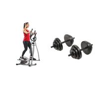 Sunny Health & Fitness Legacy Stepping Elliptical Machine, Total Body Cross Trainer + Exercise Vinyl 18KG Dumbbell Set Hand Weights for Strength Training, Weight Loss, Workout Bench