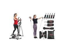 Sunny Health & Fitness Legacy Stepping Elliptical Machine, Total Body Cross Trainer + Premium esistance Band Set With Door Anchors, Wrist Straps, Handles & Carry Bag