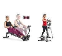 Sunny Health & Fitness Legacy Stepping Elliptical Machine, Total Body Cross Trainer + Smart Compact Adjustable Rowing Machine, 12 Levels Adjustable Resistance, Complete Body Workout