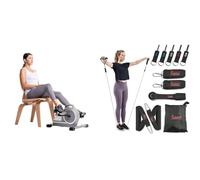 Sunny Health & Fitness Magnetic Under Desk Mini Exercise Cycle Bike, Dual Function Pedal Exerciser + Premium Resistance Band Set With Door Anchors, Wrist Straps, Handles & Carry Bag