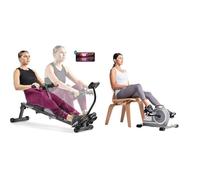 Sunny Health & Fitness Magnetic Under Desk Mini Exercise Cycle Bike, Dual Function Pedal Exerciser + Smart Compact Adjustable Rowing Machine, Adjustable Resistance, Complete Body home Workout