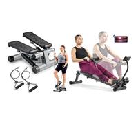Sunny Health & Fitness Mini Stepper Machine with Resistance Bands, Air Climber Stepping Fitness Machine for Home Workout+ Smart Compact Adjustable Rowing Machine Connect via Bluetooth w/ SunnyFit App