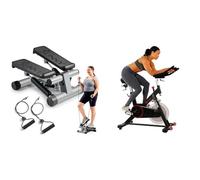 Sunny Health & Fitness Mini Stepper Machine with Resistance Bands, Air Climber Stepping Fitness Machine for Home Workout+ Indoor Cycling Wheel with Magnetic Belt Drive,Adjustable Saddle & Handlebar