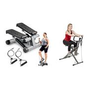 Sunny Health & Fitness Mini Stepper Machine with Resistance Bands, Air Climber Stepping Fitness Machine for Home Workout+Row-N-Ride™ PRO Squat Assist Trainer, Rowing Machine