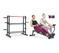 Sunny Health & Fitness Multi-Weight Storage Rack Stand for Dumbbells, Kettlebells, Olympic Weight Plates, Barbell and Medicine Ball + Sunny Health & Fitness Smart Compact Adjustable Rowing Machine