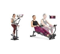 Sunny Health & Fitness Smart 2-in-1 Power Stepper with Resistant Bands & Handlebar + Smart Compact Adjustable Rowing Machine, 12 Levels Adjustable Resistance