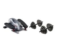 Sunny Health & Fitness Smart Portable Fully Assembled Magnetic Under Desk Elliptical Peddler + Exercise Vinyl 18KG Dumbbell Set Hand Weights for Strength Training, Weight Loss, Workout Bench