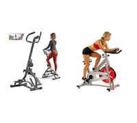 Sunny Health & Fitness Stair Stepper w/Handlebar, Extended Step Range Machine + Indoor Studio Cycle Pro Exercise Bike with 18 KG Flywheel and Chain Drive