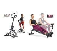 Sunny Health & Fitness Stair Stepper w/Handlebar, Extended Step Range Machine + Smart Compact Adjustable Rowing Machine, 12 Levels Adjustable Resistance