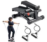 Sunny Health & Fitness Stepper Machine, Mini Stepper w/Resistance Bands | Full Body Cardio Equipment for Home, Hydraulic Resistance, 135/150KG Capacity, No Assembly, Free SunnyFit App, LCD Meter