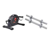 Sunny Health & Fitness Under Desk Dual Function Smart Mini Arm & Leg Pedal Exerciser Cycle Bikes + 35.5 cm Threaded Chrome Dumbbell Bar