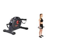 Sunny Health & Fitness Under Desk Dual Function Smart Mini Arm & Leg Pedal Exerciser Cycle Bikes + Adjustable 15 KG Dumbbell Set W/ Carry Case, Space Saver, Secure Quick-Lock, Anti-Slip Steel Handle