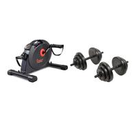 Sunny Health & Fitness Under Desk Dual Function Smart Mini Arm & Leg Pedal Exerciser Cycle Bikes + Exercise Vinyl 18 KG Dumbbell Set Hand Weights for Strength Training, Weight Loss, Workout Bench