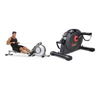 Sunny Health & Fitness Under Desk Dual Function Smart Mini Arm & Leg Pedal Exerciser Cycle Bikes + Magnetic Rowing Machine, Folding Rower W/ LCD Monitor and 8 Level Resistance