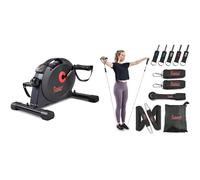 Sunny Health & Fitness Under Desk Dual Function Smart Mini Arm & Leg Pedal Exerciser Cycle Bikes + Premium Resistance Band Set With Door Anchors, Wrist Straps, Handles & Carry Bag