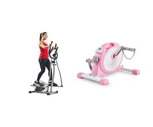 Sunny Health & Fitness Under Desk Smart Mini Pedal Exerciser, Dual Function Exercise Cycle Bike + Legacy Stepping Elliptical Machine, Total Body Cross Trainer with Ultra- Quiet Magnetic Belt Drive