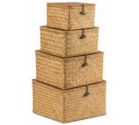 SUNNY NEST4 Pack Seagrass Storage Box Storage Baskets with Lids | Rectangular Wicker Shelf Baskets,Natural Handwoven Stackable Organizer Bins for Shelves