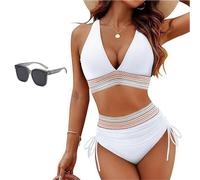 Sunny Salty Bikini Set, Control V-Neck Bathing Suit, High Waisted Two Piece, Halter Swimwear, Summer Beach Swimwear (White,XXL)