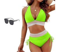 Sunny Salty Bikini Set, Control V-Neck Bathing Suit, High Waisted Two Piece, Halter Swimwear, Summer Beach Swimwear (Fluorescent Green,XL)