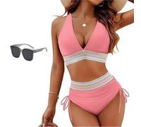 Sunny Salty Bikini Set, Control V-Neck Bathing Suit, High Waisted Two Piece, Halter Swimwear, Summer Beach Swimwear (Pink,L)