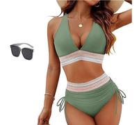 Sunny Salty Bikini Set, Control V-Neck Bathing Suit, High Waisted Two Piece, Halter Swimwear, Summer Beach Swimwear (Army Green,XL)