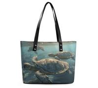 Sunny Sea Turtle Leather Tote Bag for Women Work Shoulder Purses with Zipper Waterproof Large Computer Shoulder Bag Fashion Ladies Shoulder Handbag Reusable Shopping Bags