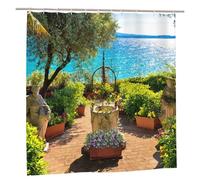 Sunny Seaside Garden Shower Curtain, 3D Beautiful Scenery Garden Decoration, Bathroom Essential Polyester Waterproof Quick-Drying Shower Curtain, Bathroom Decoration with 12 Hooks, 200X180cm/ 79X71 in