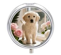Sunny Windowsill Dog Pill Box 3-Compartment Travel Pill Organizer Portable Round Medicine Case with Mirror Design for Vitamins, Jewelry & Essentials Durable Pocket Pillbox for Purse, Camping