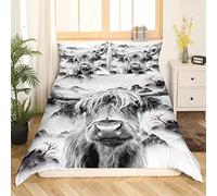 Sunnybed Highland Cow Comforter Cover Double Size Highland Fluffy Cattle Smoky Mountain Bedding Set Western Animal Duvet Cover Wildlife Cowboys Bed Set Grey Ink Paintings Bedroom Decor, Multi 18
