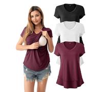 SUNNYBUY 3 Pack Hidden Nursing Tops for Breastfeeding Women Double Layer V Neck Maternity Shirts Postpartum Tee, Black+white+burgundy, L