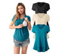 SUNNYBUY 3 Pack Hidden Nursing Tops for Breastfeeding Women Double Layer V Neck Maternity Shirts Postpartum Tee, Black+khaki+teal, L
