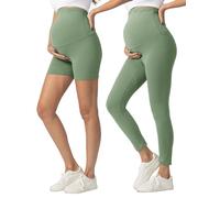 SUNNYBUY Women's 2 Piece Maternity Pants Set, Pregnancy Over the Belly Biker Shorts & Yoga Leggings for Workout Activewear, Green L