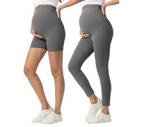 SUNNYBUY Women's 2 Piece Maternity Pants Set, Pregnancy Over the Belly Biker Shorts & Yoga Leggings for Workout Activewear, Gray L