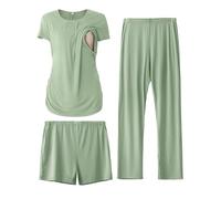 SUNNYBUY Women's Maternity Nursing Pyjamas Set, Short Sleeve Breastfeeding Shirts，Pregnancy Shorts & Pants 3 Piece Maternity Clothes Nightwear, Greyish-green M