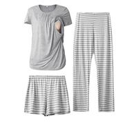 SUNNYBUY Women's Maternity Nursing Pyjamas Set, Short Sleeve Breastfeeding Shirts，Pregnancy Shorts & Pants 3 Piece Maternity Clothes Nightwear, Grey&Stripe S