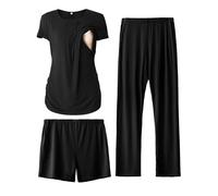 SUNNYBUY Women's Maternity Nursing Pyjamas Set, Short Sleeve Breastfeeding Shirts，Pregnancy Shorts & Pants 3 Piece Maternity Clothes Nightwear, Black XL