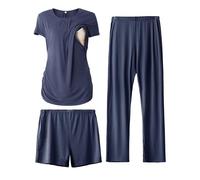 SUNNYBUY Women's Maternity Nursing Pyjamas Set, Short Sleeve Breastfeeding Shirts,Pregnancy Shorts & Pants 3 Piece Maternity Clothes Nightwear, Navy XL