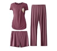 SUNNYBUY Women's Maternity Nursing Pyjamas Set, Short Sleeve Breastfeeding Shirts，Pregnancy Shorts & Pants 3 Piece Maternity Clothes Nightwear, Burgundy L