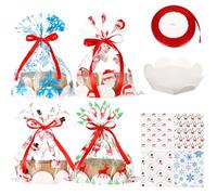 Sunnychicc 24 Pcs Christmas Clear Plastic Bake Bags with 8'' Cake Tray Red Ribbon Bakery Gift Packaging Santa Snowman Elk Snowflake Pattern Cellophane Treat Bags for Toast Bread Cookies Candy Food