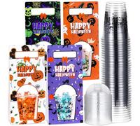 Sunnychicc 25 Pcs Happy Halloween Disposable Cups with Lids and Holder 12oz Plastic Cups Bows Cartoon Printed Clear Tumbler for Juice Beverage Drinks Theme Party Favors Decorations