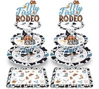 Sunnychicc 4 Pcs My First Rodeo Cardboard Cupcake Stand Set Blue Western Cowboy Baby Shower Dessert Table Display Set 2 Blue Square 3 Tier Cow First Rodeo Cupcake Display Stands Cookie Tray Supplies