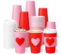 Sunnychicc 48 Set Valentine's Day Disposable Coffee Cups with Lids and Sleeves 16oz Red Pink Paper Cups Beverage Drinking Cup Heart Shaped Sleeves for Anniversary Wedding Bridal Shower Party Supplies