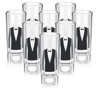 Sunnychicc 8 Pcs Groomsman Tuxedo Shot Glasses Heavy Base Shot Glass with Best Man and Groomsman Prints 2 oz Mini Glass Cup Groom Groomsmen Gift Wedding Party Favor for Bachelor Party