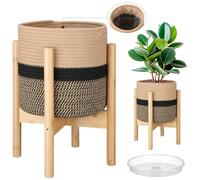 Sunnychicc Plant Basket with Stand Indoor Planter Pot Holder Sturdy Jute Rope Modern Woven Basket, Cotton Rope Woven Pot with Bamboo Stand(10 Inch,Black and Beige Stripes)
